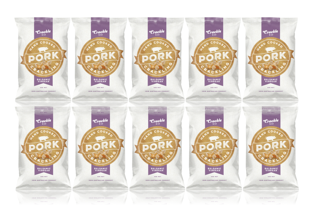 Twelve packets of pork crackling arranged in a grid, featuring a gold logo and purple accents.