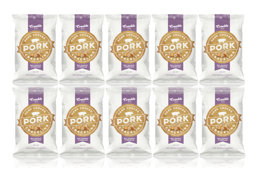 Twelve packets of pork crackling arranged in a grid, featuring a gold logo and purple accents.