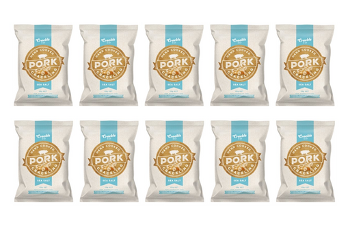 Ten identical bags of pork snacks displayed in two rows, each labeled "Pork" with blue accents.