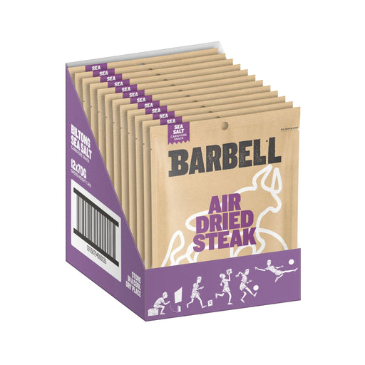 Barbell air dried steak packages in a display box with purple accents and sports graphics.