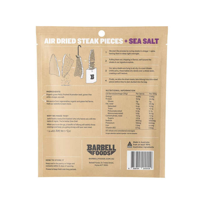 Barbell air dried steak packages in a display box with purple accents and sports graphics.