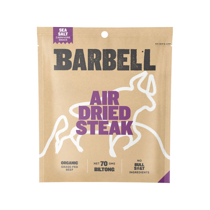 Barbell air dried steak packages in a display box with purple accents and sports graphics.