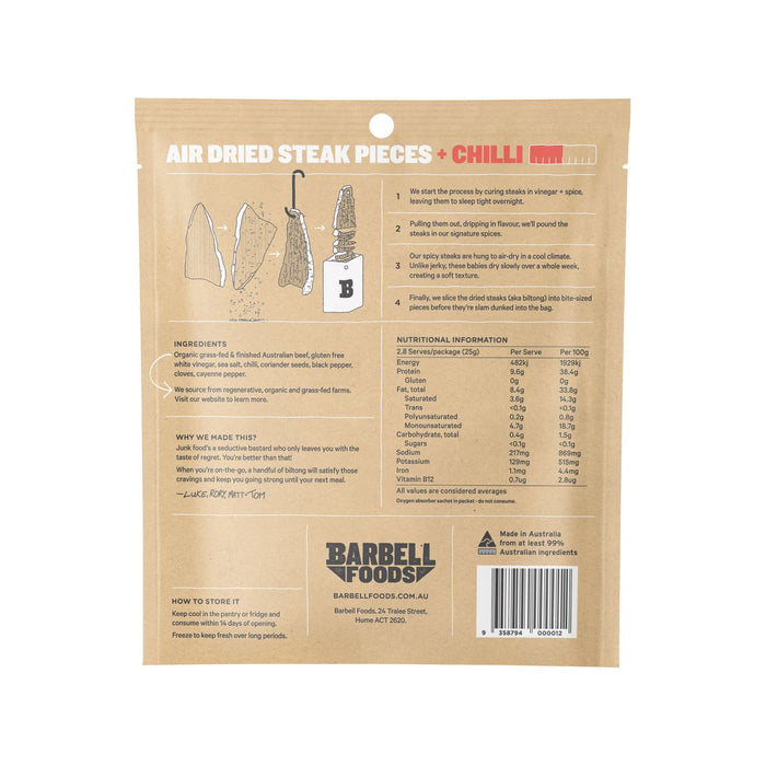 Display box of air-dried steak packets with a cow illustration and a red accent color.