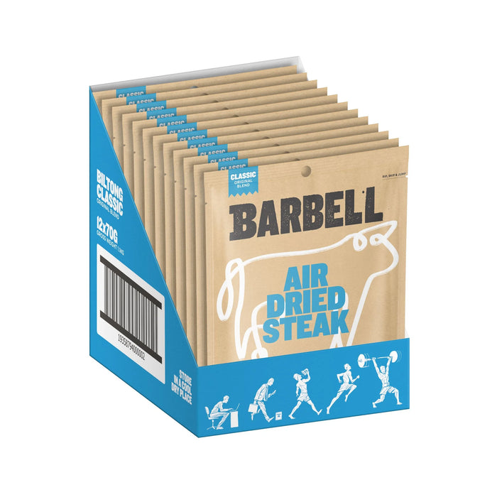 Barbell air-dried steak snack boxes with twelve packages in a display carton.