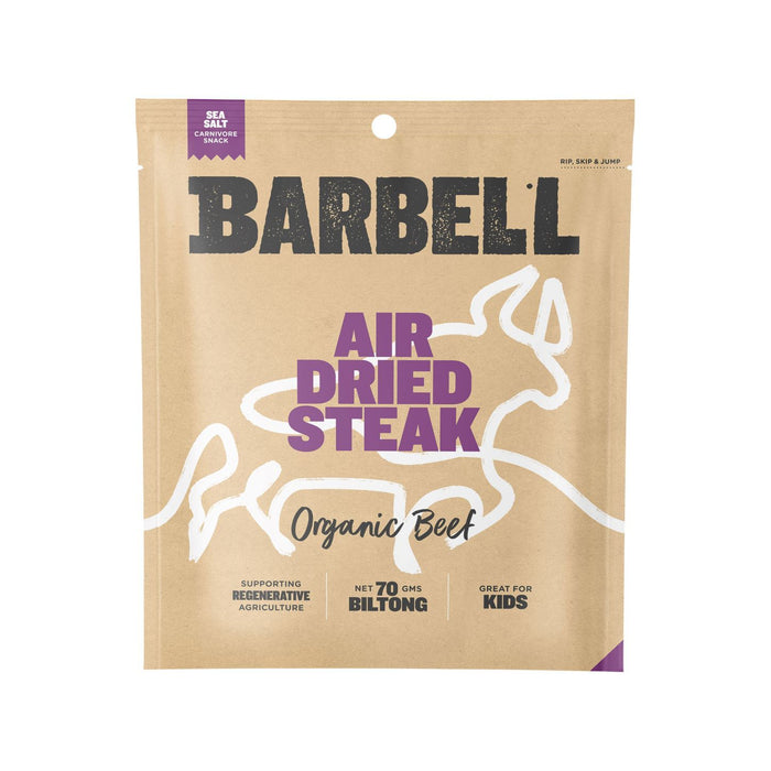 Barbell air dried steak packages in a display box with purple accents and sports graphics.