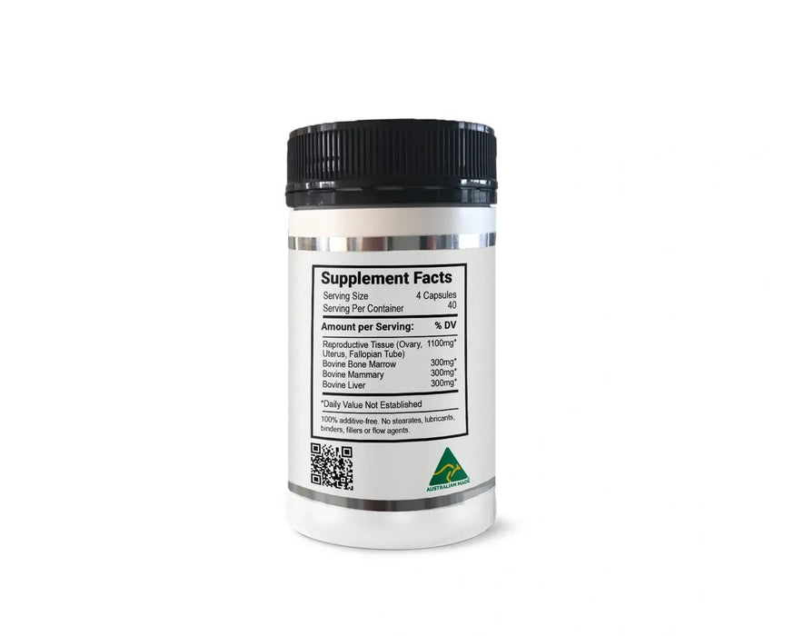 White canister with a black lid, featuring labels and text providing product information.