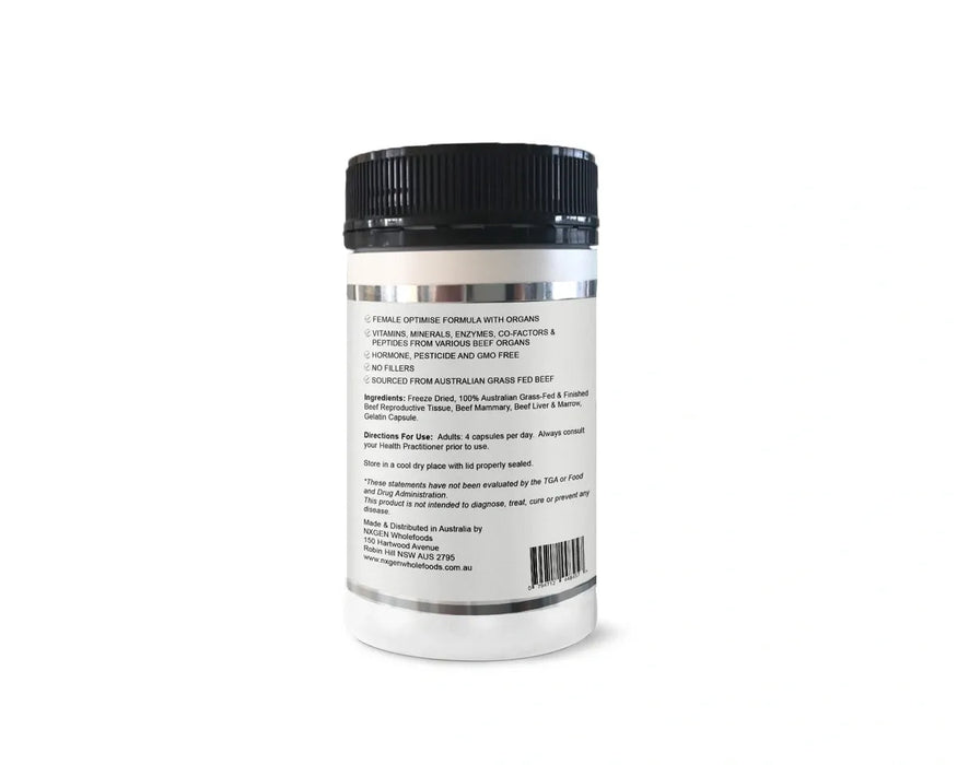 White canister with a black lid, featuring labels and text providing product information.