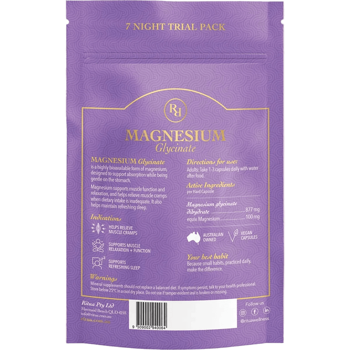 Back of Ritua 7 Night Trial Pack Magnesium Glycinate - 14 Capsules packaging showing usage, ingredients and Australian family business details.