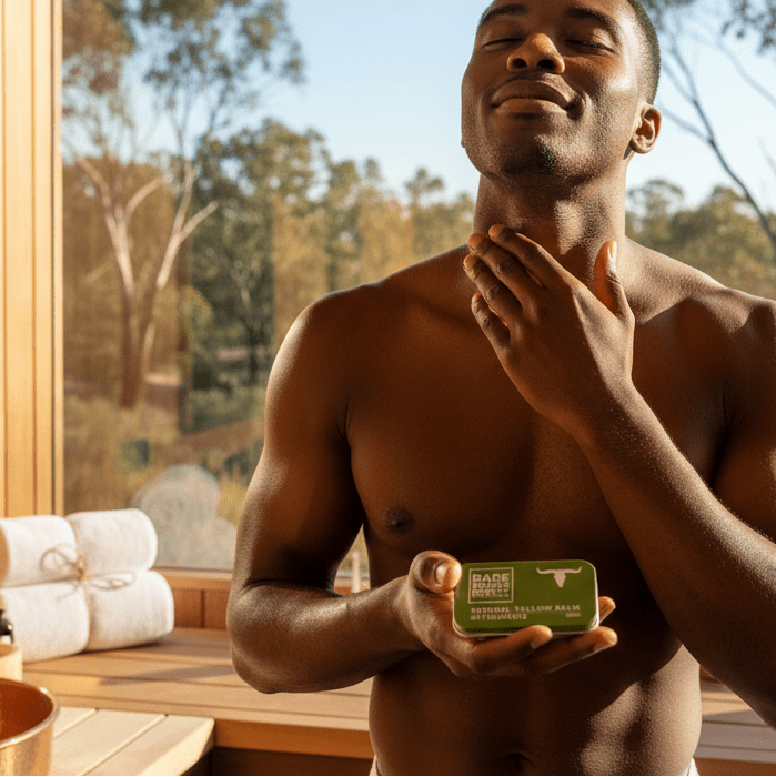 Dark-skinned man applying Aftershave Tallow Balm in sauna setting