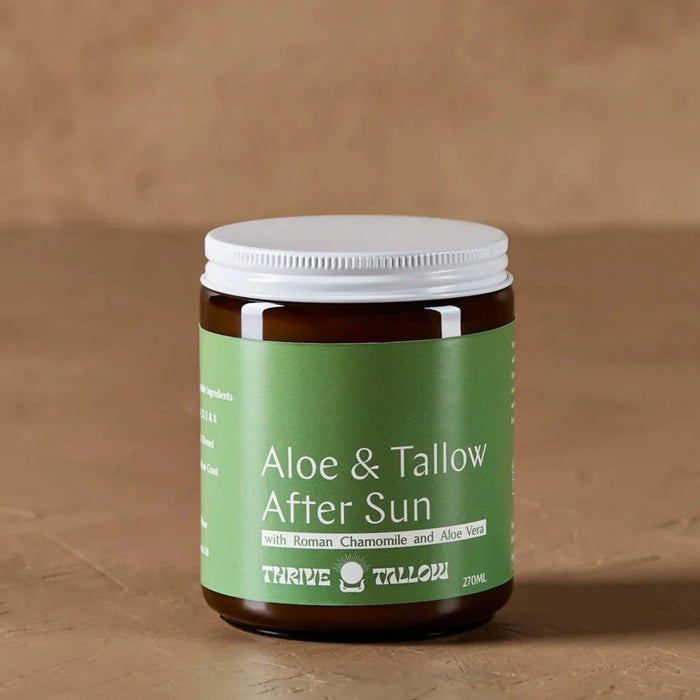 Aloe & Tallow After Sun Balm - 270ml in a brown jar with green label by Thrive Tallow on a neutral background