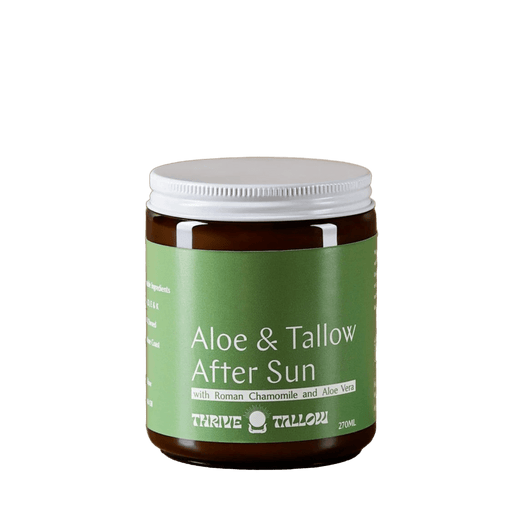 Aloe & Tallow After Sun Balm - 270ml jar with green label by Thrive Tallow for skin soothing and care.