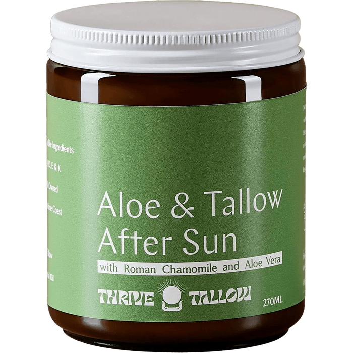 A jar of Aloe & Tallow After Sun Balm - 270ml by Thrive Tallow with chamomile and aloe vera on green label