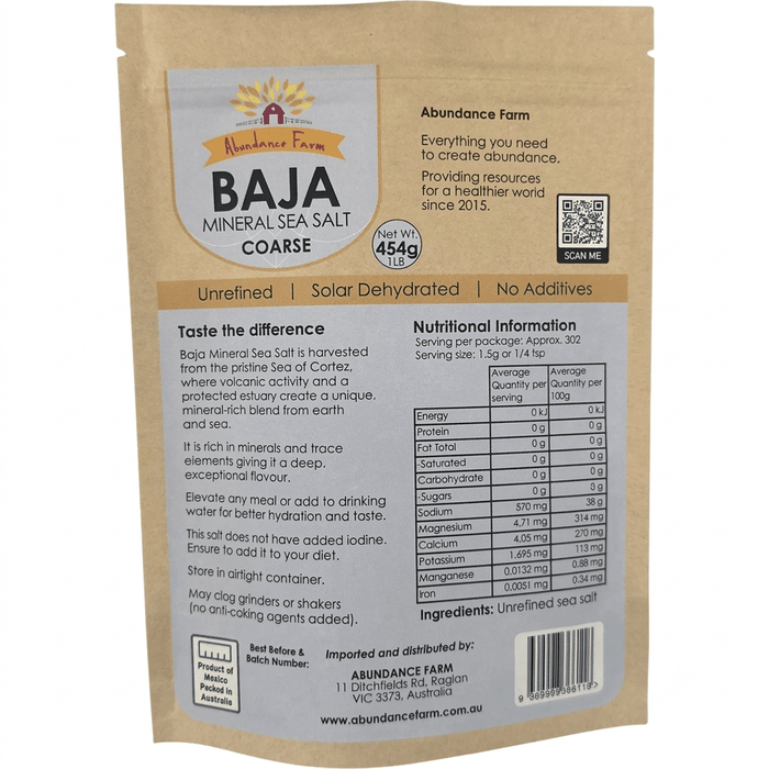 Package of Abundance Farm Baja Mineral Sea Salt with nutritional information and branding details.