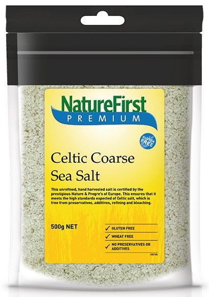 Celtic Sea Salt - Coarse - 500g by Nature First in a 409x582 portrait pouch with gluten free label visible