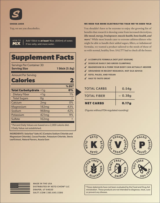 Cocoa Loco Electrolyte Drink Mix - 30 Sticks - SALTT