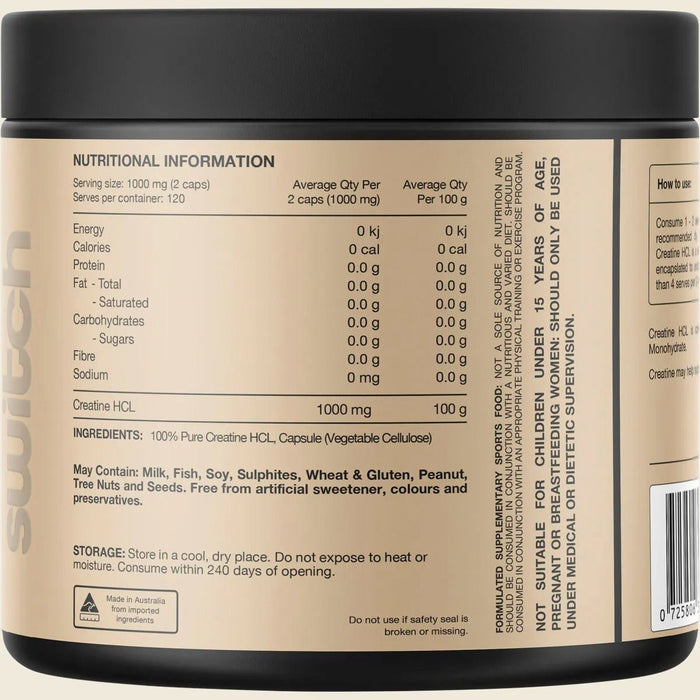 Switch Nutrition Creatine 100% Pure HCL - 240 Caps container showing nutritional facts and ingredient details.