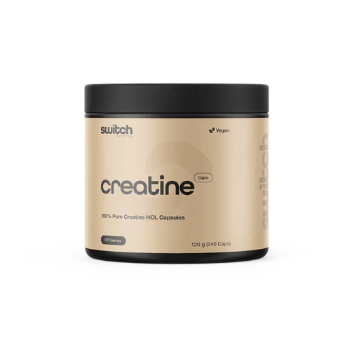 Switch Nutrition Creatine 100% Pure HCL - 240 Caps container in light beige packaging for Low Carb and Dirty Keto collections