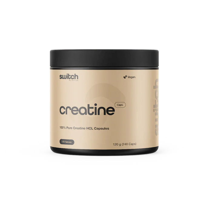 Switch Nutrition Creatine 100% Pure HCL - 240 Caps container in light beige packaging for Low Carb and Dirty Keto collections