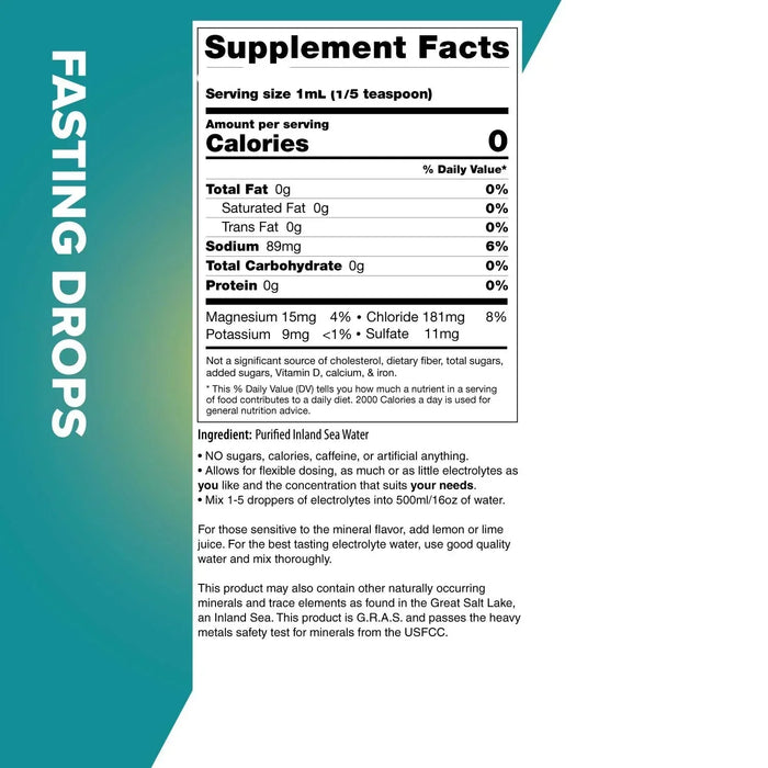 Supplement facts label for Fasting Drops - 24ml - Best Before 28 Feb 2026 by Keto Chow showing electrolyte content per 1ml serving.
