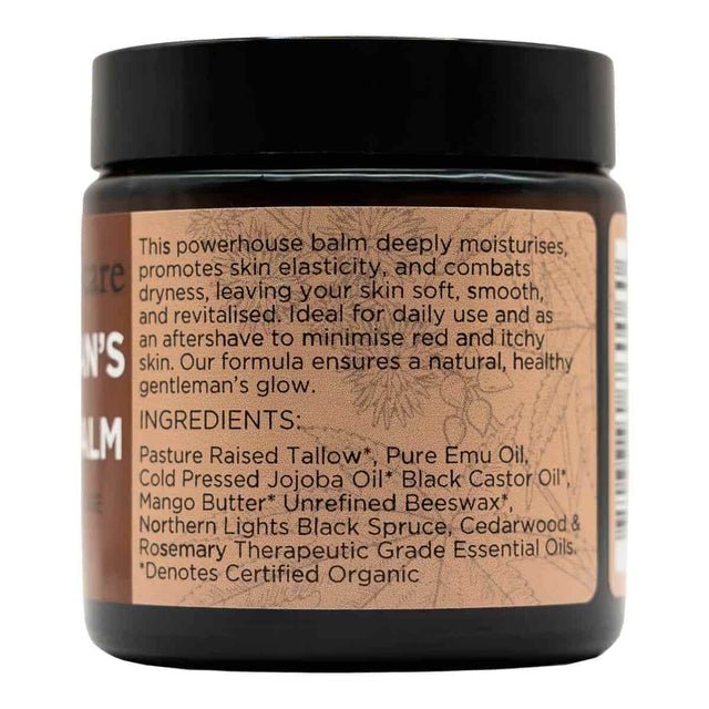 Barefoot Skincare Co Gentleman's Tallow Balm - 100g showing ingredients label and detailed product benefits in square image