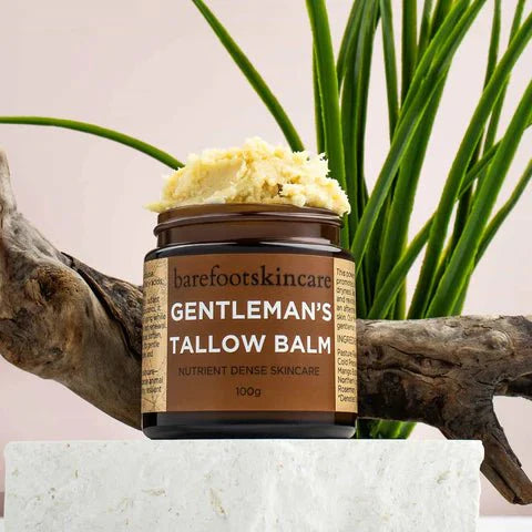 Gentleman's Tallow Balm - 100g by Barefoot Skincare Co, creamy restorative balm in amber jar with natural background