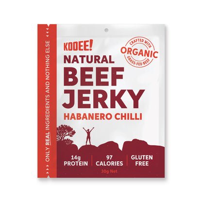 Grass Fed Beef Jerky - Habanero Chilli - 30g by KOOEE! in white pouch, organic, gluten-free savoury meat snack.