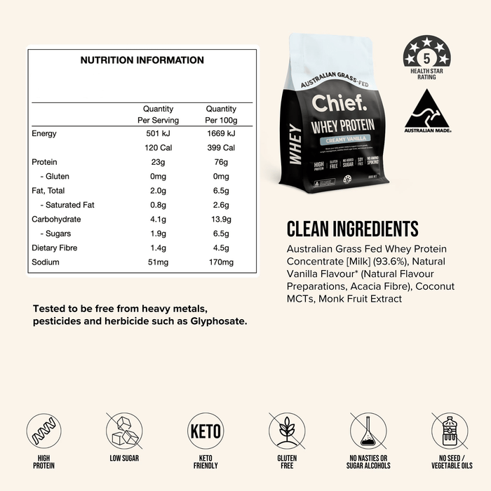 Grass-fed Whey Protein Powder - Creamy Vanilla - 30g