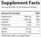 Supplement facts panel showing magnesium 400mg and mineral content per serving for Ionic Magnesium - 400mg - 59ml by Trace Minerals