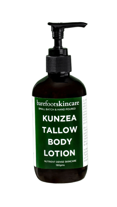 Kunzea Tallow Body Lotion - 190ml by Barefoot Skincare Co in dark bottle with green and white product label and black pump dispenser