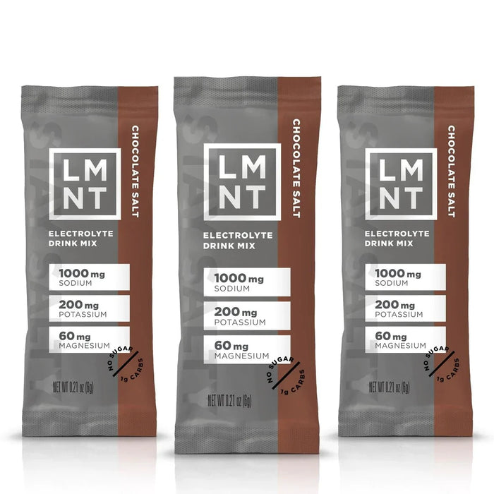 LMNT Chocolate Salt Electrolyte Mix - 30 Sticks packets displaying sodium, potassium, and magnesium content on brown and gray packaging