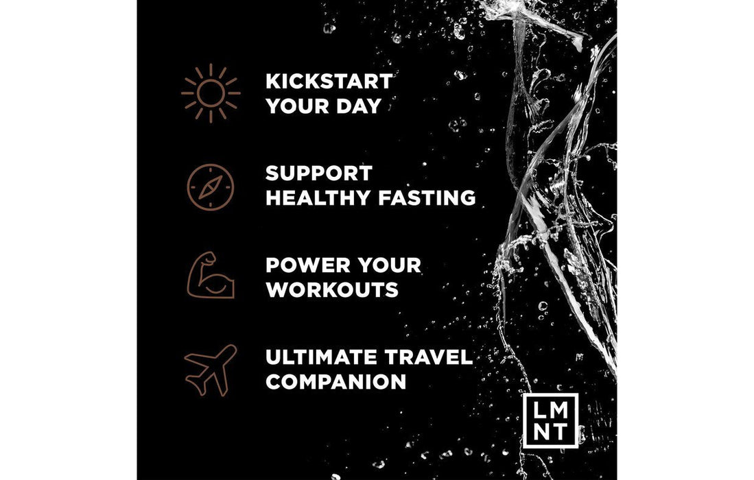LMNT Chocolate Salt Electrolyte Mix - 30 Sticks benefits including workout support, fasting aid, travel companion, and energizing start.