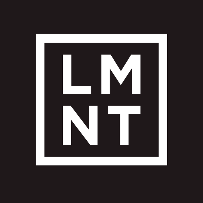 LMNT logo in white letters inside a square on black background representing LMNT Chocolate Salt Electrolyte Mix - 30 Sticks