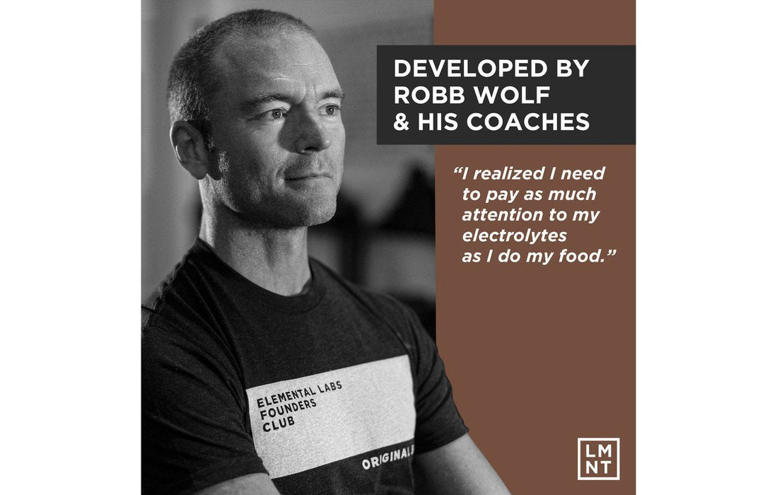 Black and white portrait of Robb Wolf with text about electrolyte attention, promoting LMNT Chocolate Salt Electrolyte Mix - 30 Sticks.