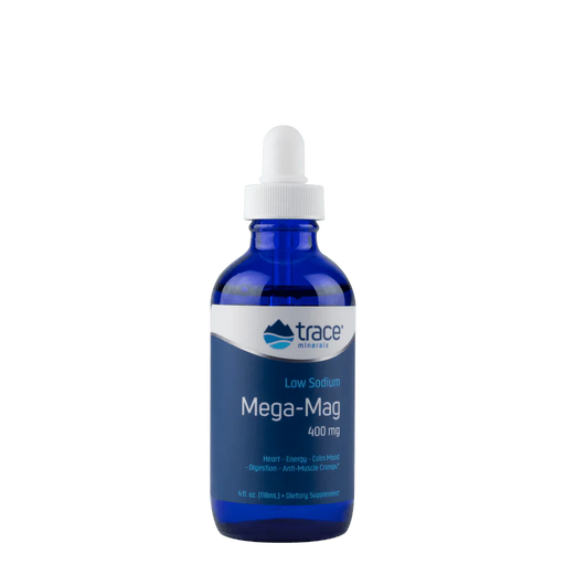 Trace Minerals Low Sodium Mega-Mag - 400mg - 118ml dietary supplement in blue dropper bottle packaging