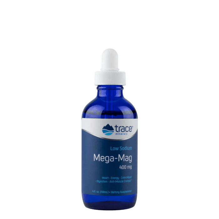 Trace Minerals Low Sodium Mega-Mag - 400mg - 118ml dietary supplement in blue dropper bottle packaging