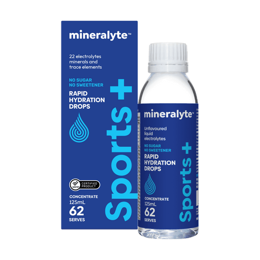 Mineralyte Sports+ unflavoured liquid electrolyte drops, 125 mL bottle and box