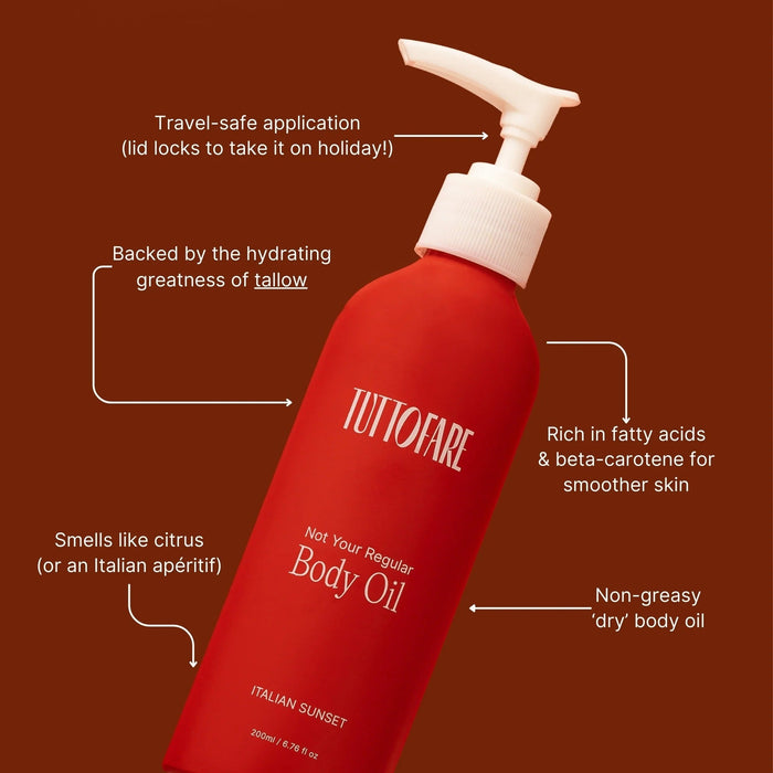 Bright red bottle of Not Your Regular Body Oil - 200ml by Tuttofare with travel-safe pump and skincare benefits labelled.