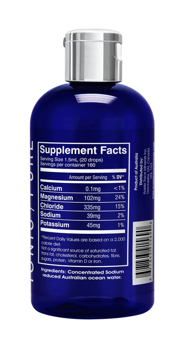 Ocean Sourced Electrolyte Drops - 240ml supplement facts label showing mineral content including magnesium and chloride from Aussie Trace Minerals.
