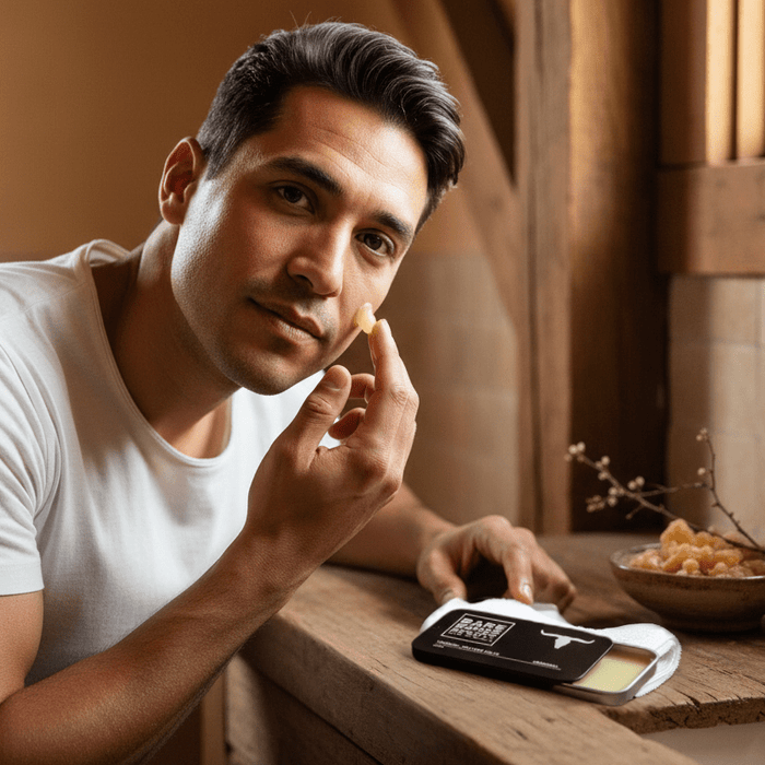 Man applying Bare Bones Beauty Original Tallow Balm - 40ml to skin near an open tin on wooden surface by window light