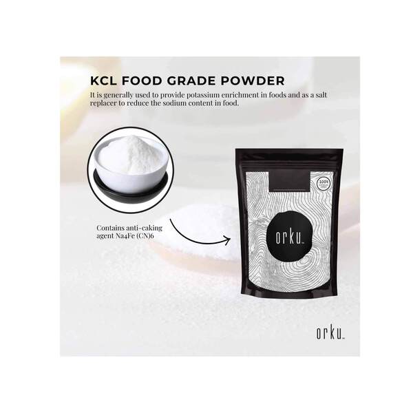 Pure Potassium Chloride Powder - 100g by Orku in black resealable pouch with white powder on plate and bowl.