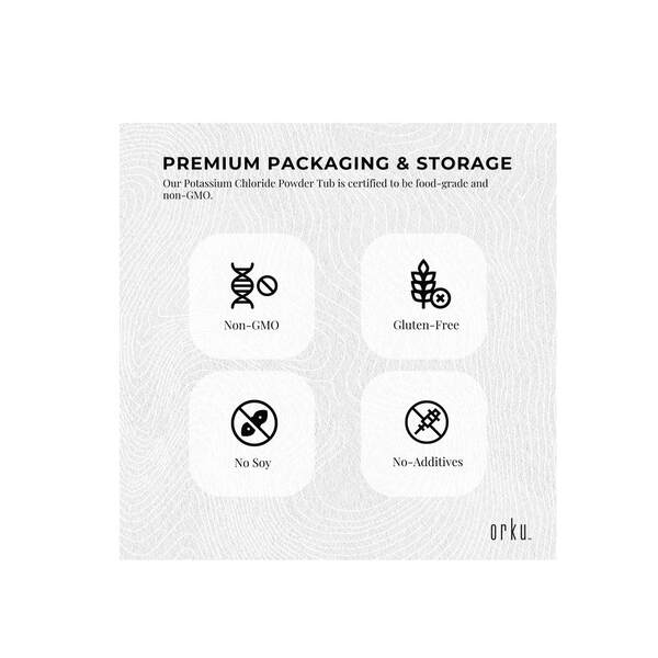 Premium packaging for Pure Potassium Chloride Powder - 100g by Orku with non-GMO, gluten-free, no soy, and no additives icons.