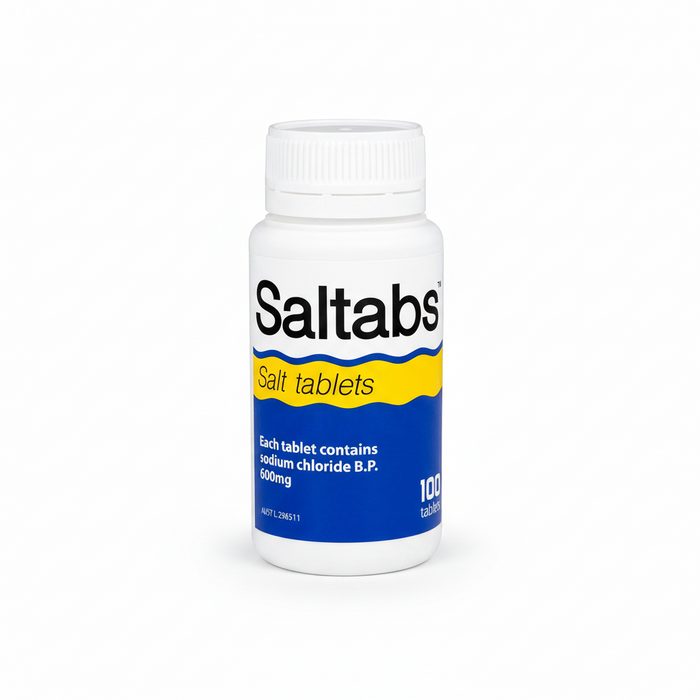 A white plastic bottle of Saltabs salt tablets with a white cap, featuring a label with blue and yellow sections and black text.