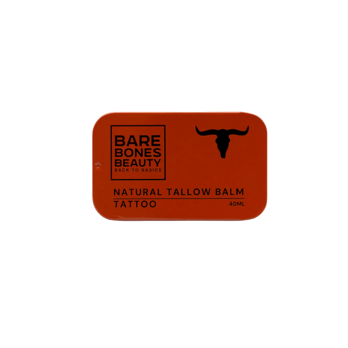 Bare Bones Beauty Tattoo Tallow Balm - 40ml in orange tin for natural tattoo care and skin moisturizing.