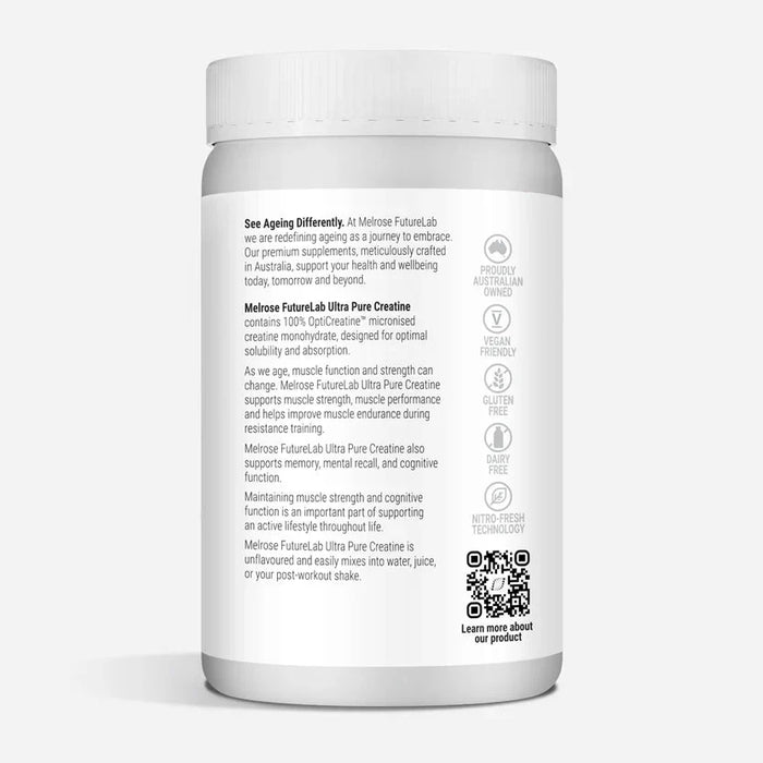 White container showing label text and icons for Ultra Pure Creatine - 300g by Melrose in lifestyle supplement collections.