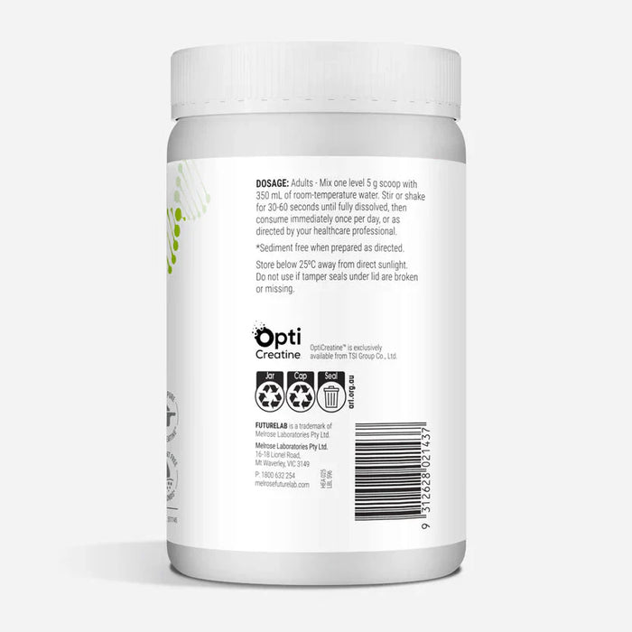 Back view of Ultra Pure Creatine - 300g by Melrose showing dosage instructions and product details on white container.