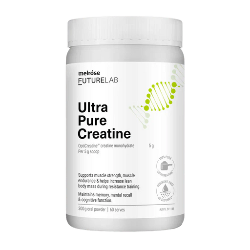 Ultra Pure Creatine - 300g by Melrose, white container with green DNA design, muscle and cognitive support supplement.