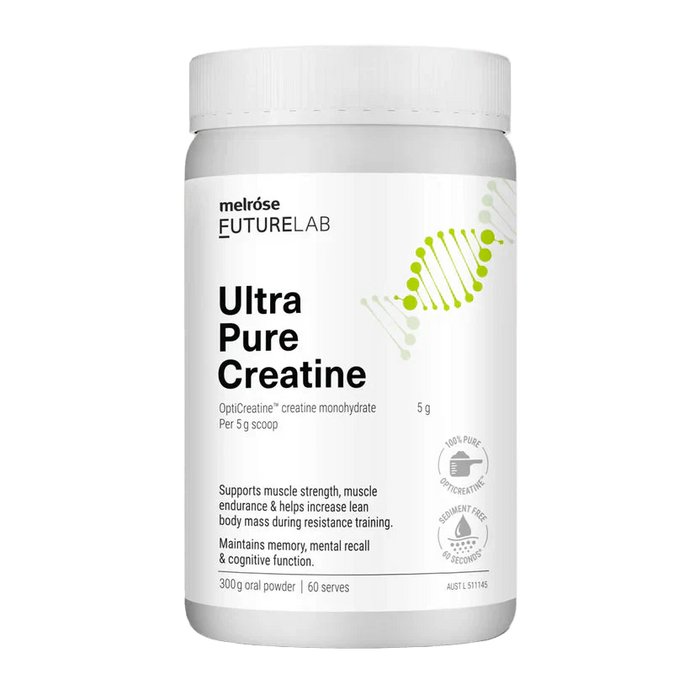 Ultra Pure Creatine - 300g by Melrose, white container with green DNA design, muscle and cognitive support supplement.
